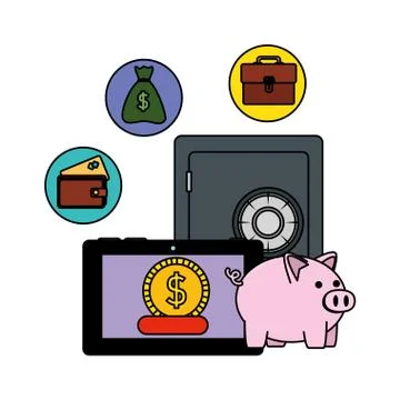 Safe box with tablet and ecommerce icons Ilustración de archivo