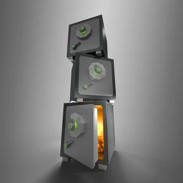 Safe boxes with closed and open doors full gold bars 3d render. Stack of bank Stock Illustration