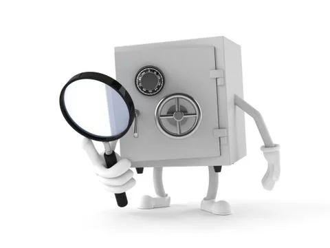 Safe character looking through a magnifying glass Stock Illustration