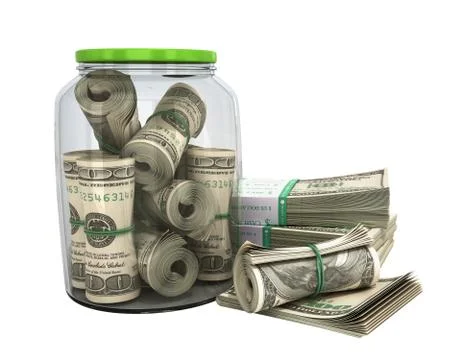Safe concept Many 100 US dollars bank notes in a glass jar 3d render on white Illustrazione stock