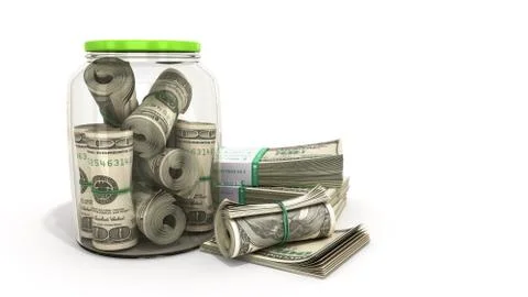 Safe concept Many 100 US dollars bank notes in a glass jar 3d render on white Illustrazione stock