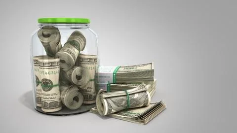 Safe concept Many 100 US dollars bank notes in a glass jar 3d render on grey  Illustrazione stock
