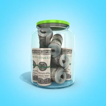 Safe concept Many 100 US dollars bank notes in a glass jar 3d render on blue  Illustrazione stock