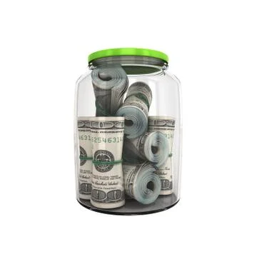 Safe concept Many 100 US dollars bank notes in a glass jar 3d render on white Stock Illustration