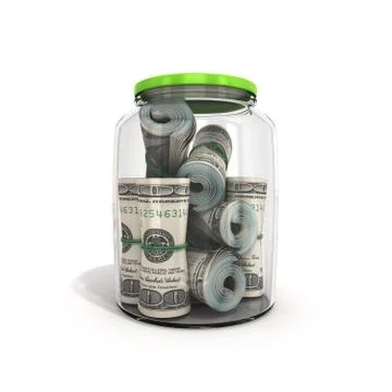Safe concept Many 100 US dollars bank notes in a glass jar 3d render on white Illustrazione stock