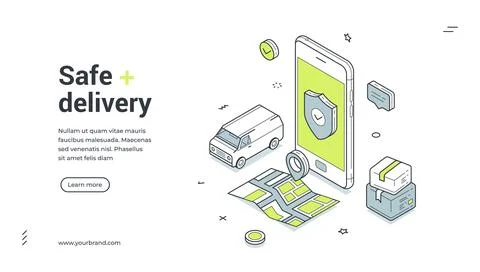 Safe delivery cargo transportation mobile app isometric web banner design t.. Stock Illustration
