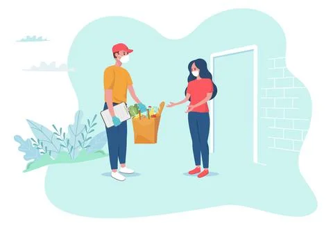 Safe delivery concept. Courier in protective mask and gloves deliver food to Illustrazione stock