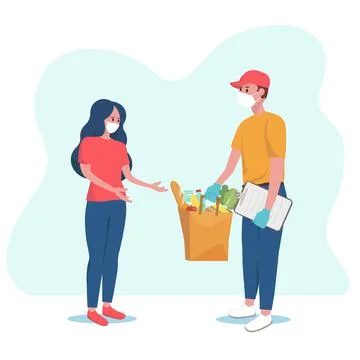 Safe delivery concept. Courier in protective mask and gloves deliver food to Illustrazione stock