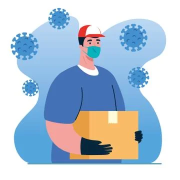 Safe delivery, courier worker using face mask Illustrazione stock