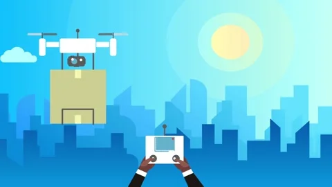 Safe delivery by drone. Quadcopter with camera moves the box. Man controls drone Stock Footage 148825180