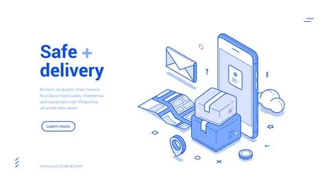 Safe delivery post parcel online shopping smartphone app web banner isometric Stock Illustration