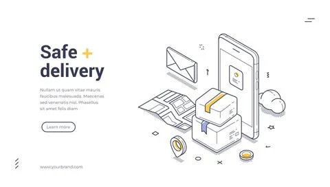 Safe delivery web banner template featuring isometric line art illustration Stock Illustration