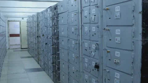 Safe Deposit Boxes in a bank vault room . Security room with many locked cases Stock Footage 153182475