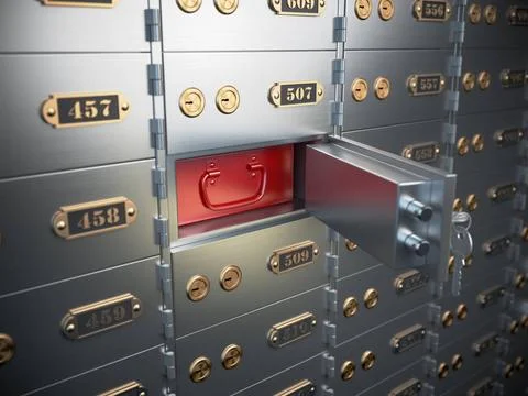 Safe deposit boxes with open one safe cell. Safe deposit boxes with open o... Fotos de archivo