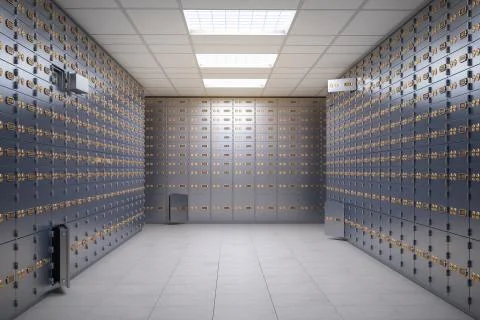 Safe deposit boxes room inside of a bank vault. Stock Photos