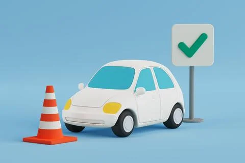 Safe Driving Concept. White Car With Check Sign And Traffic Cone. 3d Renderin Stock Illustration
