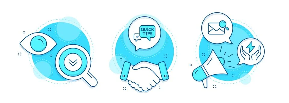 Safe energy, Scroll down and Search mail icons set. Quick tips sign. Thunderbolt Illustrazione stock