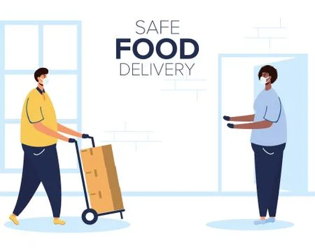 Safe food delivery worker with boxes in cart and client Stock Illustration
