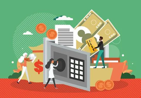 Safe full of money and documents. Bank money safety concept vector illustration イラスト素材