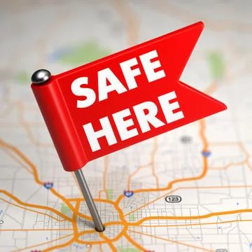 Safe Here - Small Flag on a Map Background with. Stock-Illustration