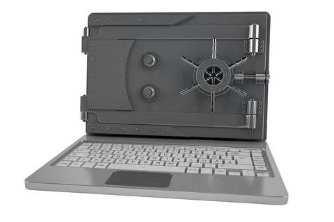 Safe on a laptop. concept of hacking and data security system. 3d rendering Stock Illustration