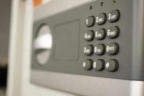 Safe lock code password pad number protection safety box bank close up 스톡 사진