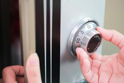 Safe lock code on safety box bank. Protection concept Stock Photos