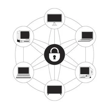 Safe network of connected devices line illustration concept 스톡 일러스트
