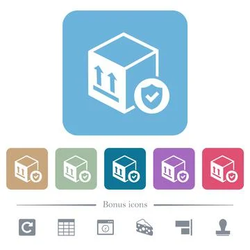 Safe package delivery flat icons on color rounded square backgrounds Stock Illustration