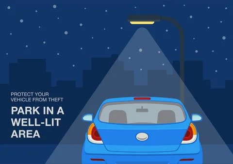 Safe parking area at night. Protect vehicle from theft, park in a well-lit area. Stock Illustration
