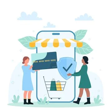 Safe payment in online store, tiny people protect financial transaction with Illustration
