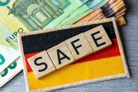 SAFE Program Funding Concept with German Flag and Euro Banknotes. Close up 写真素材
