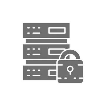 Safe server, protected data center, web hosting, cloud computing grey icon. Illustrazione stock