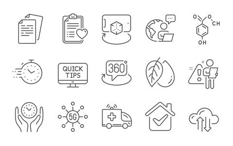 Safe time, 360 degree and 5g technology icons set. Mineral oil, Augmented Stockillustratie