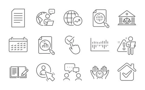 Safe time, Analytics chart and User icons set. Court building, World statistics Ilustración de archivo