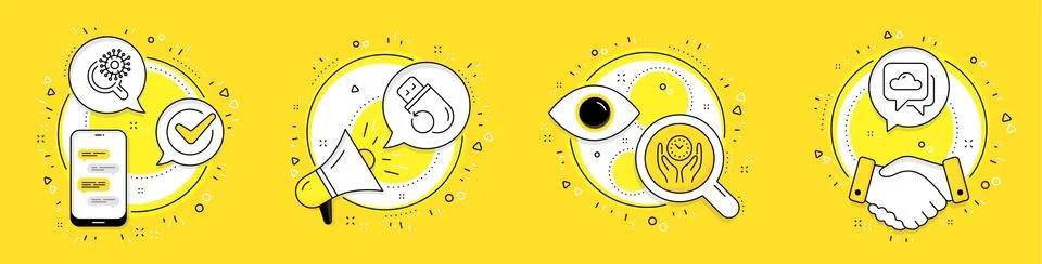 Safe time, Flash memory and Coronavirus research icons set. Weather forecast イラスト素材