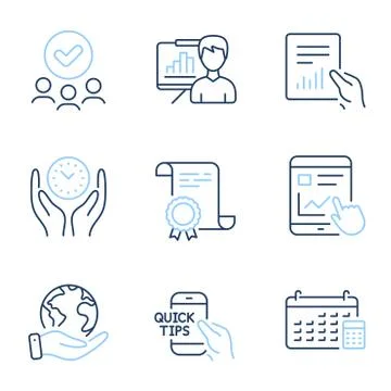 Safe time, Internet report and Education icons set. Calendar, Presentation board Illustrazione stock