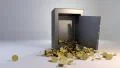 Safe vault fall spill gold coins falling spilling valuable win land landing 4K 4k or 4k+ Resolution