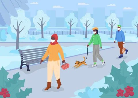 Safe walk in winter park flat color vector illustration Ilustração Stock