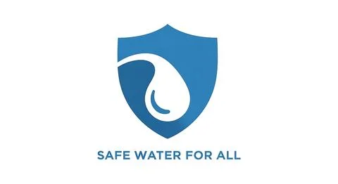 Safe water for all emblem featuring blue shield with white water drop insid.. Stock Illustration