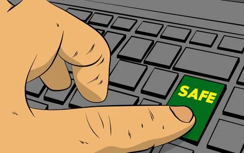 Safe word on computer keyboard. Man push keypad on laptop. Comic book style c Stock Illustration