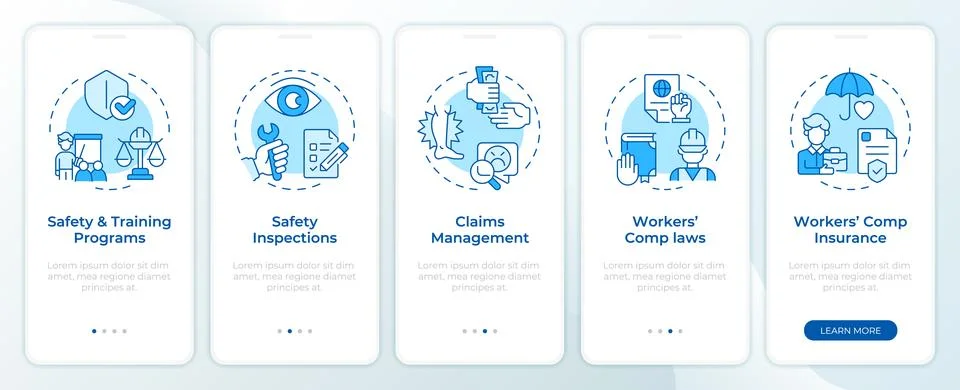 Safe work environment blue onboarding mobile app screen Illustrazione stock