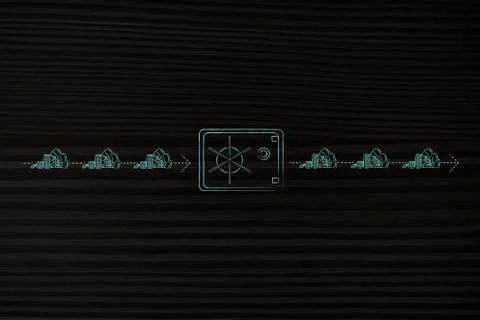 Safebox with dashed arrows of cash going in and out of it with earning and ex Stock Illustration