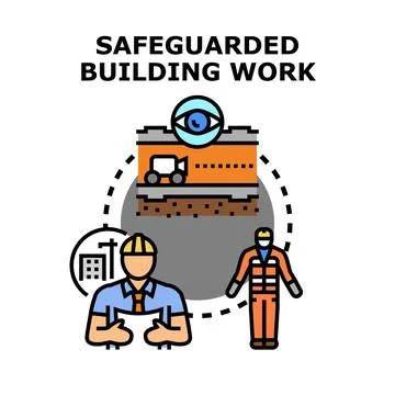 Safeguarding building work process with safety plan and construction Stockillustratie