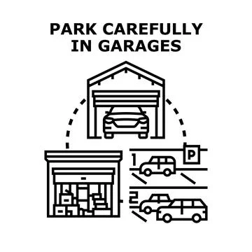 Safely parking and storing items in various garages Stock Illustration