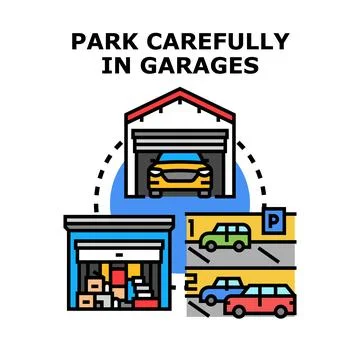 Safely parking and storing items in various garages Stock Illustration