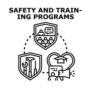 Safety and training programs with education and tools icons Stock Illustration