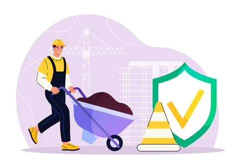 Safety building work. Man in uniform with cart with soil. Safety and caution Ilustración de archivo