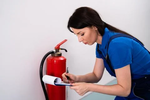 Safety Checking Fire Extinguisher Stock Photos