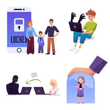 Safety of children when using the Internet and networks flat vector isolated. Illustrazione stock